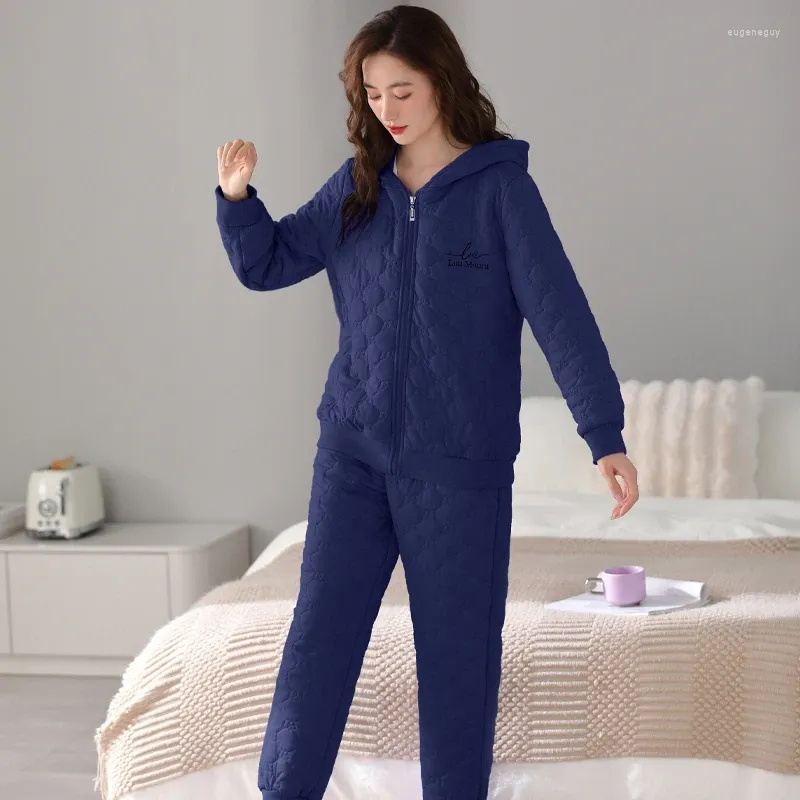 Dames Nachtkleding Vest Met Capuchon Ritssluiting Pyjama Herfst Winter Gelamineerd Luchtkatoen Thuisservice Vrouwelijk Warm Dun 3 Lagen Gewatteerd pak