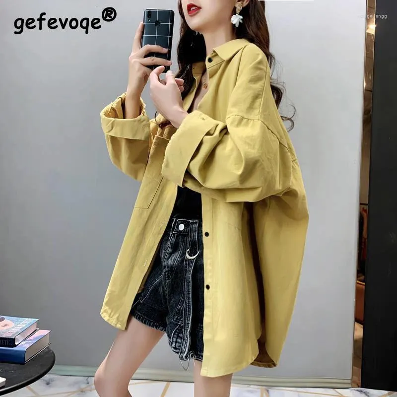 Women's Blouses 2023 Korean Women Solid Tunics Tops Female Clothing Loose Shirts Casual Turndown Collar Long Sleeve Cardigan Coat