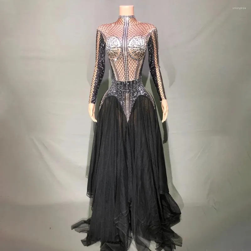 Stage Wear Sparkly Rhinestones Black Mesh Long Dress For Women Performance Costume Nightclub Festival Outfit