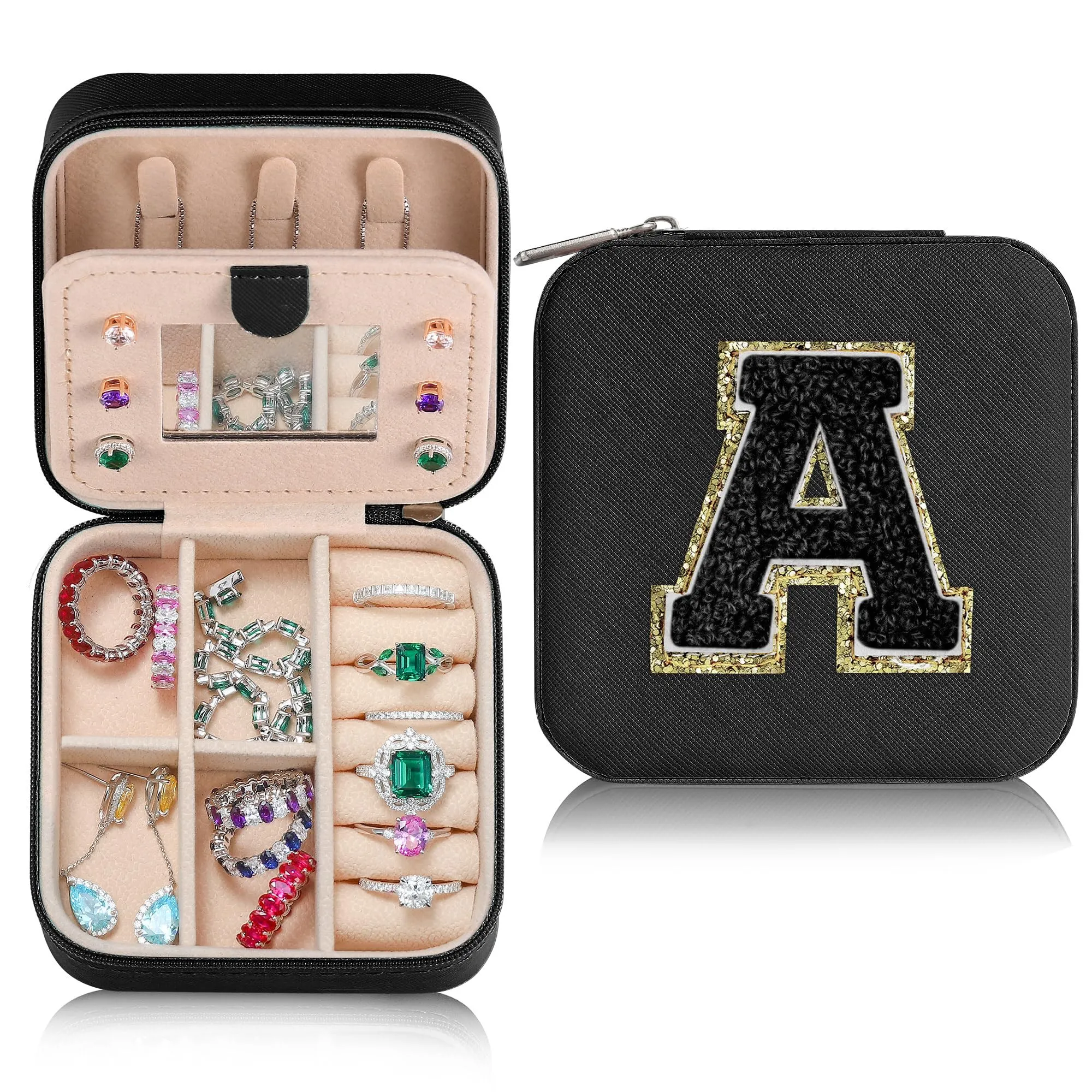 Black Color Travel Jewelry Case Boxes Personalized Gifts Birthday Gifts For Women Christmas Gifts For Teens Girls Initial Letters