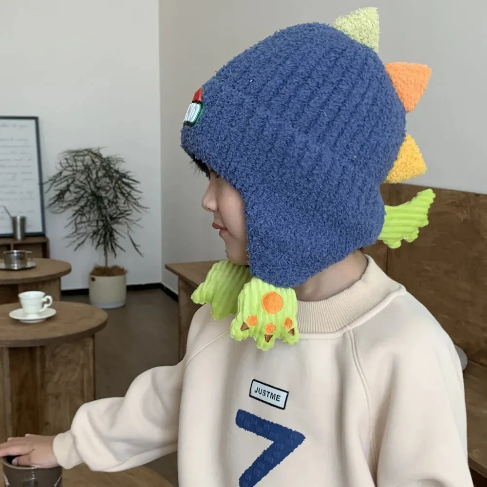 Berretti Cappelli Cappello da dinosauro per bambini Autunno Inverno Stile Maglia addensata Berretto da cartone animato Paraorecchie per bambini Mantieni caldi berretti Cappelli adorabili dei cartoni animati 231108