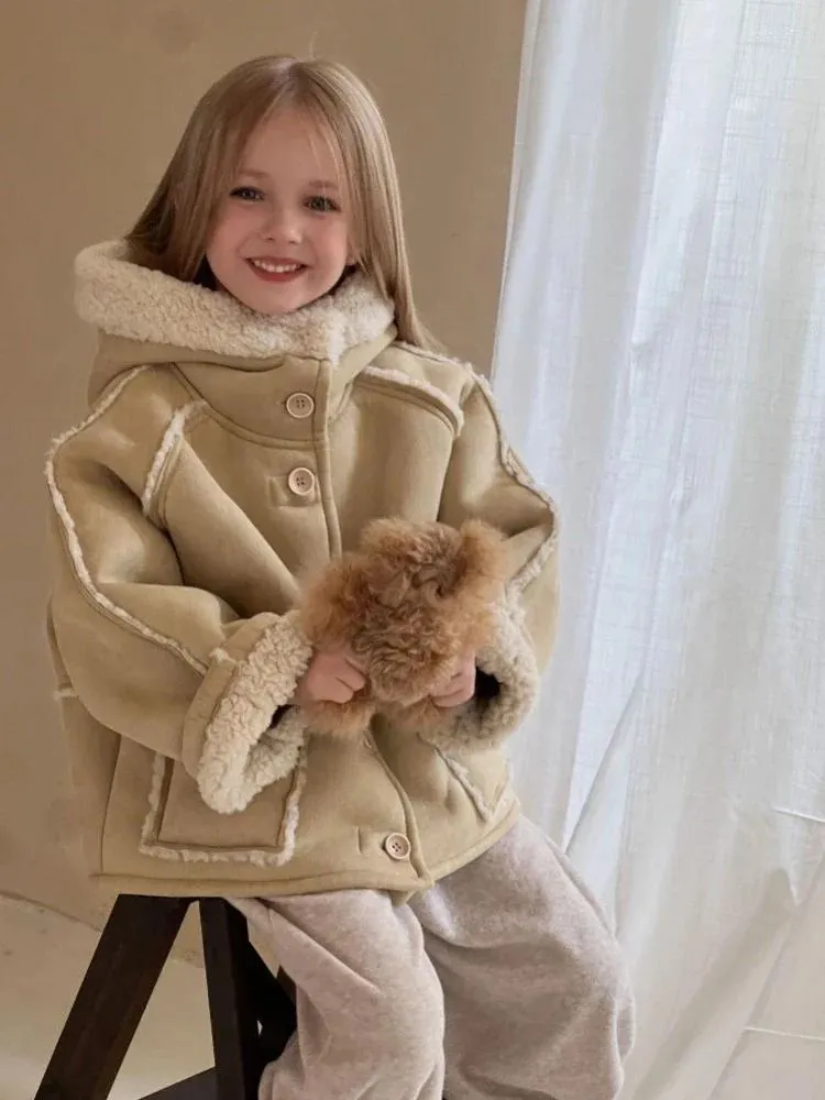 HoneyCherry – vestes d'hiver pour filles, vêtements deux côtés, Imitation laine d'agneau, manteau à capuche, fourrure intégrée, vêtements pour filles