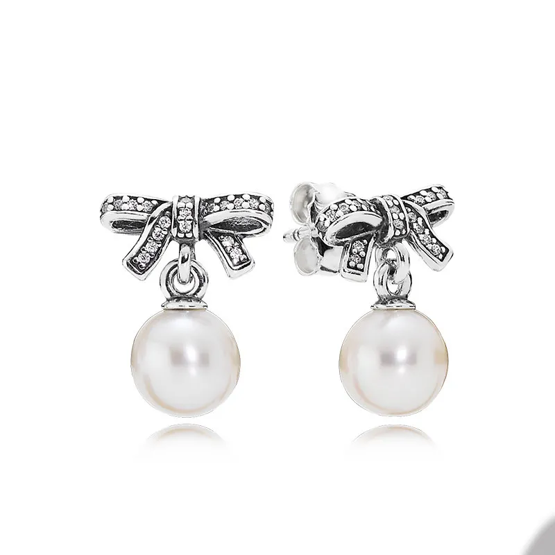 White Pearl Pendant Bow Stud örhängen för Pandora 925 Sterling Silver Wedding Party Designer Earring Set For Women Girl Friend Gift Earring With Original Box