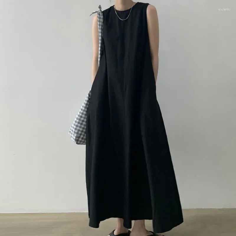 Lässige Kleider, modisches koreanisches schickes ärmelloses Baumwoll-Leinen-Kleid mit lockerem Saum für Damen