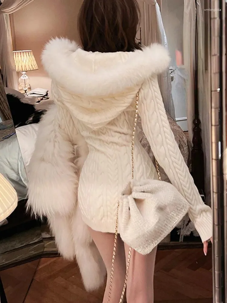 Casual Dresses 2023 Winter Knitted Sweater Dress With Hooded Women Slim Bodycon Y2k Mini Faux Fur Female One Piece Korean Elegant