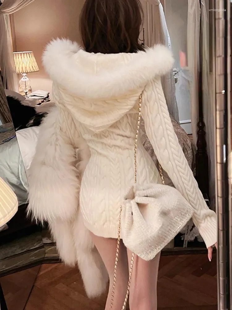 Women s Winter Knitted Sweater Dress with Faux Fur Hood Slim Fit Bodycon Mini Length Y2k Style Elegant Korean Design Casual Daily Outfit