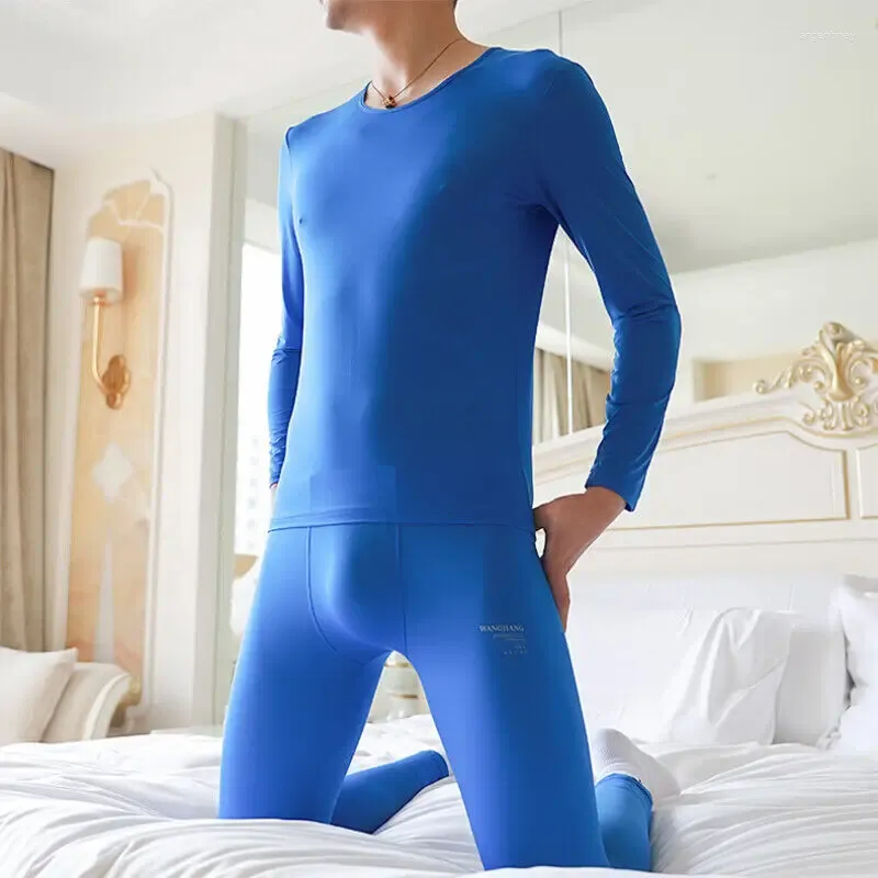 Sous-vêtements thermiques pour hommes, ensemble caleçon long en soie glacée, manches, t-shirt, haut, bas, Sport, première couche, Compression