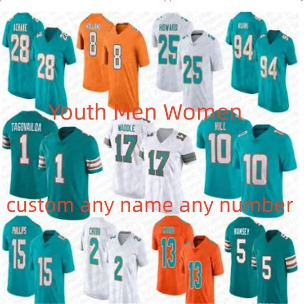 Maglia Tyreek Hill giovanile personalizzata Uomo Donna Tagovailoa Jaylen Waddle Ramsey Bradley Chubb Dan Marino Devon Achane Jevon Holland Jaelan Phillips Raheem Stitched