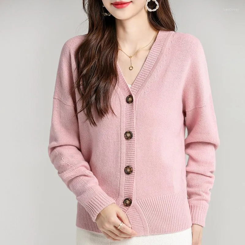 Tricots pour femmes #4070 pull tricoté Cardigan à manches longues col en v manteau femme simple boutonnage tricots couleur unie automne