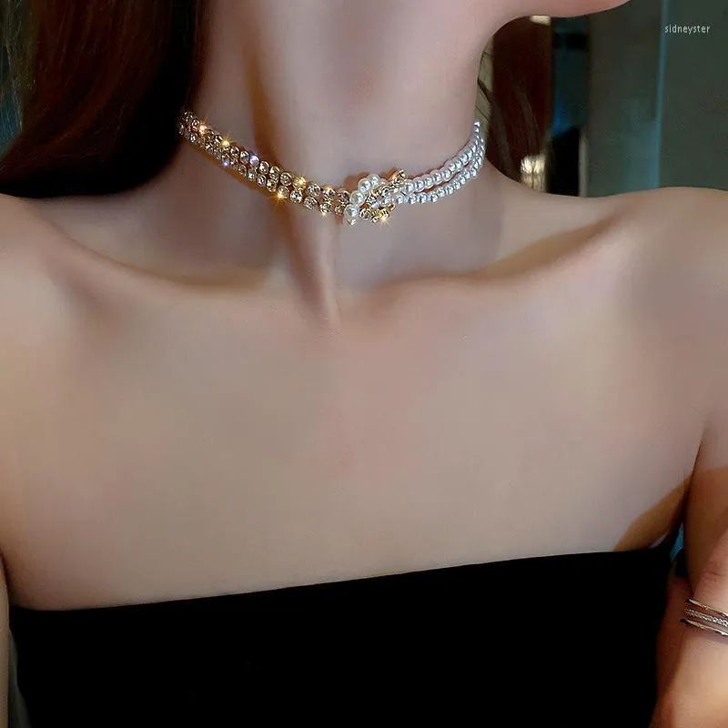 Chains Korean Fashion Pearl Crystal Choker Necklaces For Women Short Chain Rhinestone Statement Party Jewelry Beautiful Gift