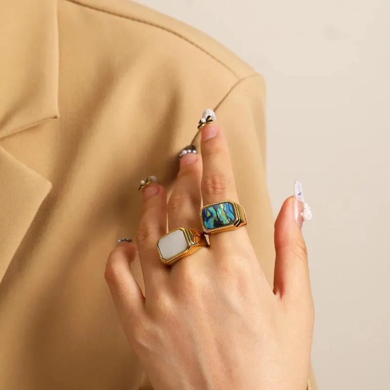 Bröllopsringar 2023 Trending Rectangle Shape Abalone Shell Signet Ring for Women Charm rostfritt stål smycken accesorios anillos mujer