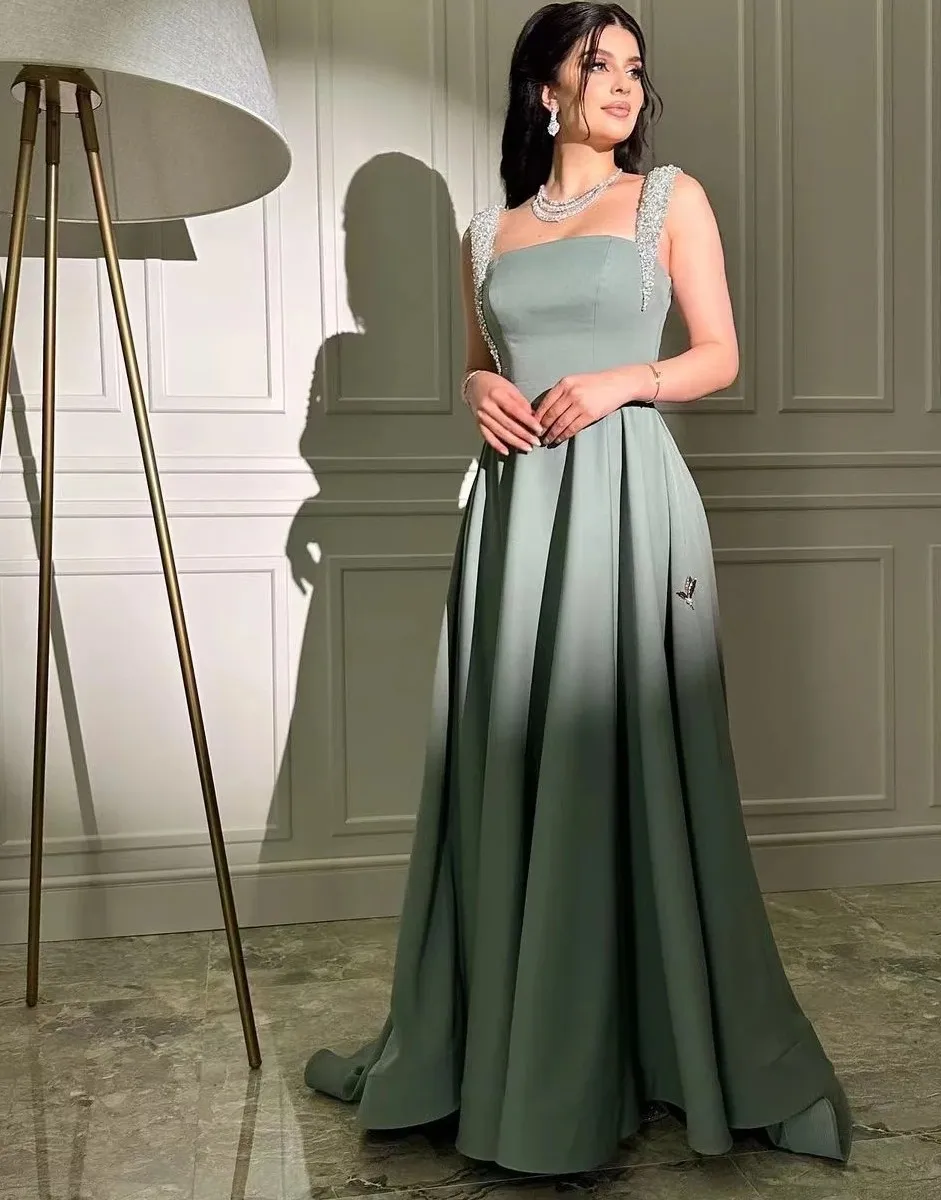 Vintage Sage Green Satin Sage Evening Dress With Shiny Beads And