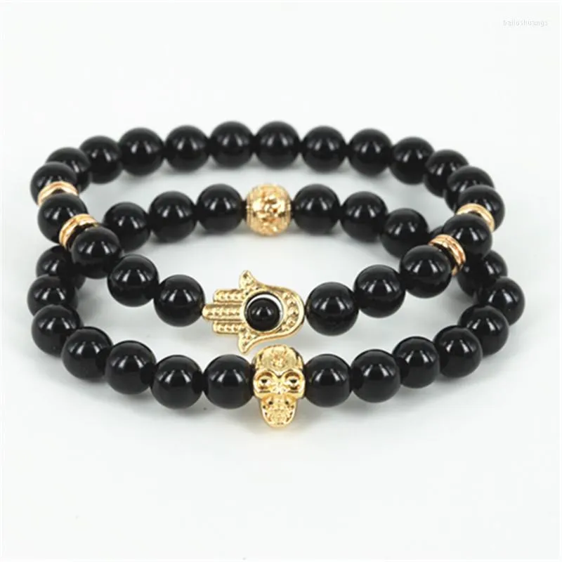 Strand 2pcs perles de pierre noire naturelle de haute qualité hommes bracelet perlé hamsa main charme femmes