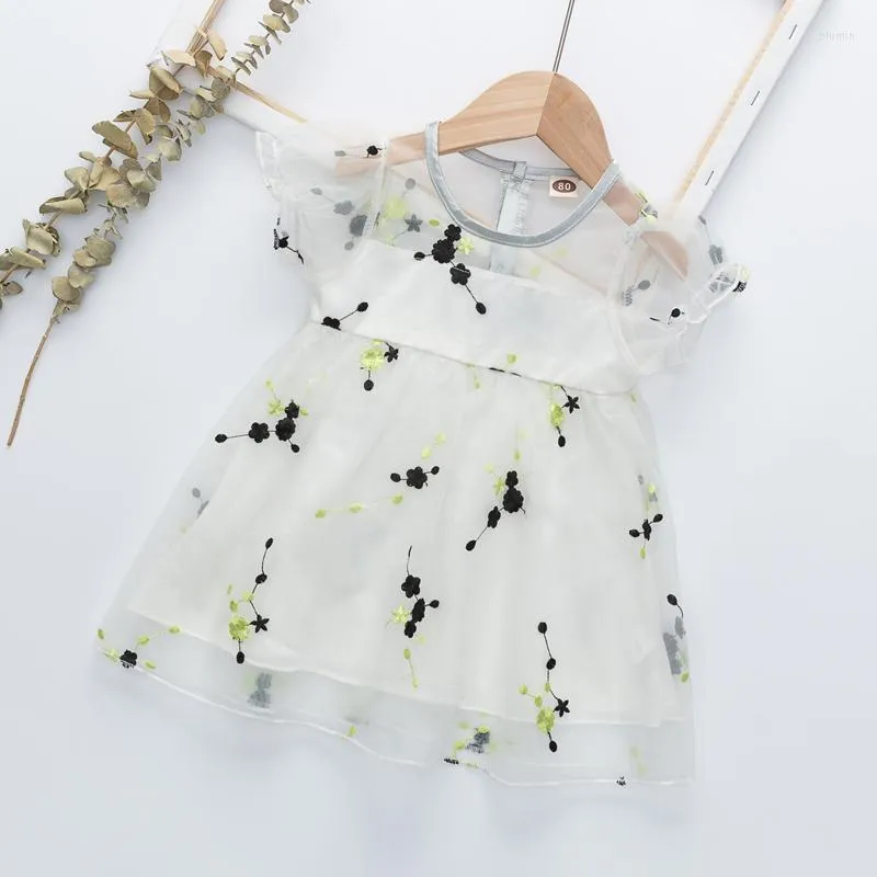 Mädchenkleider 2023 Baby süße kurzärmlige Oansatz Kleid Sommer Mode Stickerei Mesh Garn Kinder koreanische Art Prinzessin 6M-3T