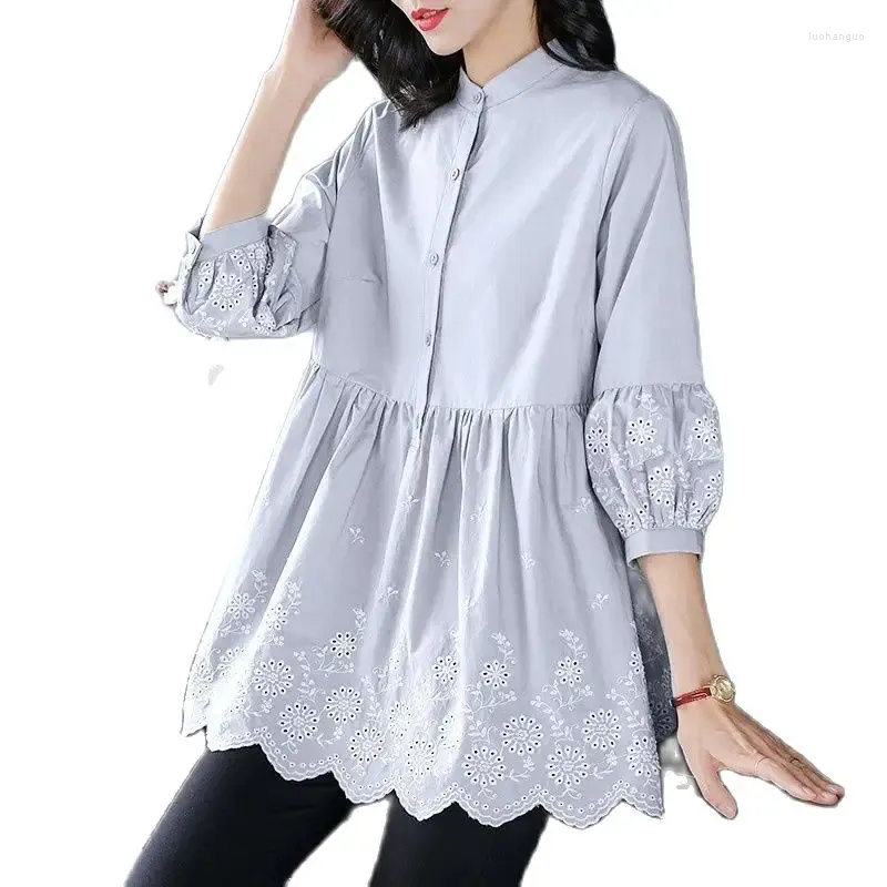 Women's Blouses Seven Quarter Sleeves Cotton Women Shirt Loose Medium Long Embroidery 100kg Fat Sister Cover Your Belly Maternity Top