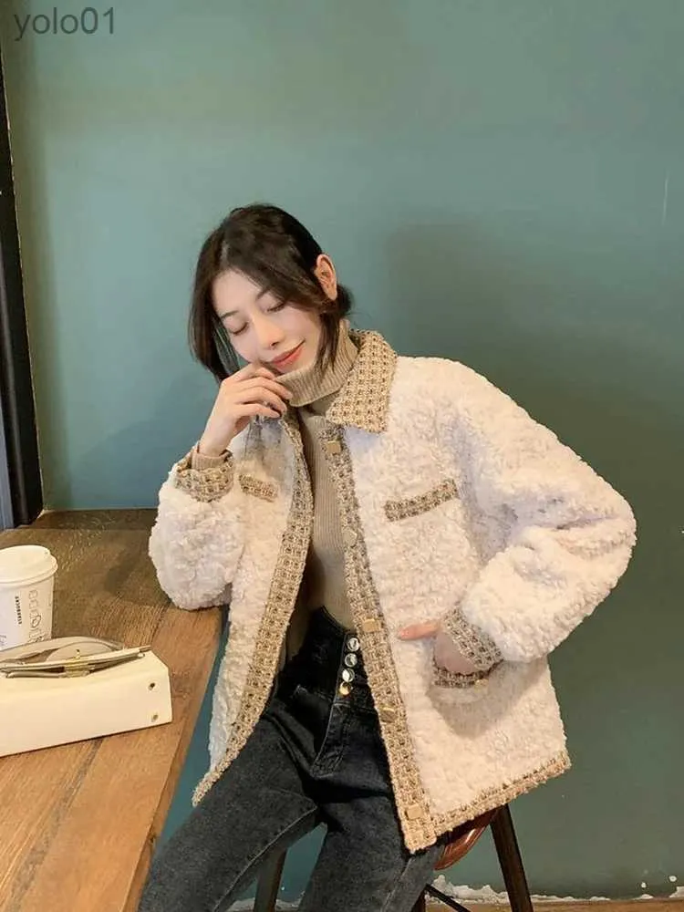 Pele feminina pele sintética doce falso cordeiro casacos coreano estilo formal retalhos jaquetas elegantes moda inverno solto longo sle senhora casaco casual feminino l231109