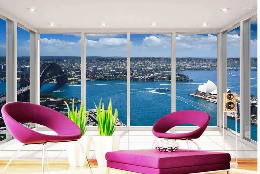 壁紙シドニーオペラハウスフロアバルコニーランドスケープリビングルームテレビ背景寝室3D PO壁紙