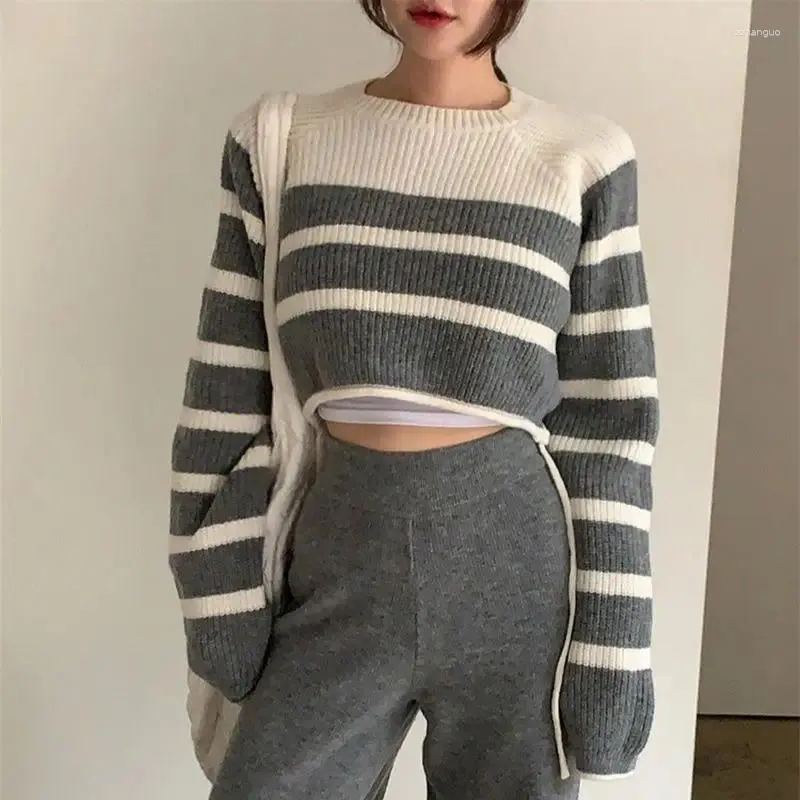 Pulls pour femmes Coréen Sexy Y2K Pull sans dos Simple Stripe O Cou Femme Pull tricoté Pull Femme Lace-Up Crop Tops Femmes Vêtements