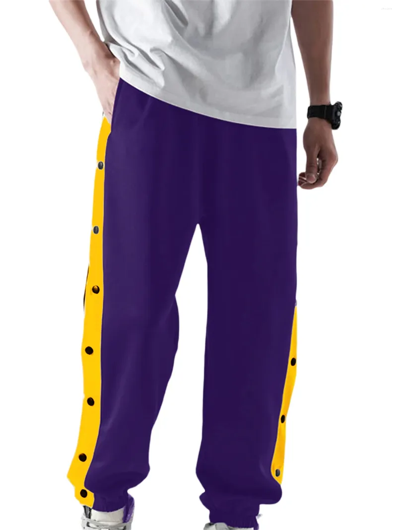 Calças masculinas homens rasgam basquete alta split snap botão casual solto ajuste treino ativo sweatpants com bolso roxo pequeno