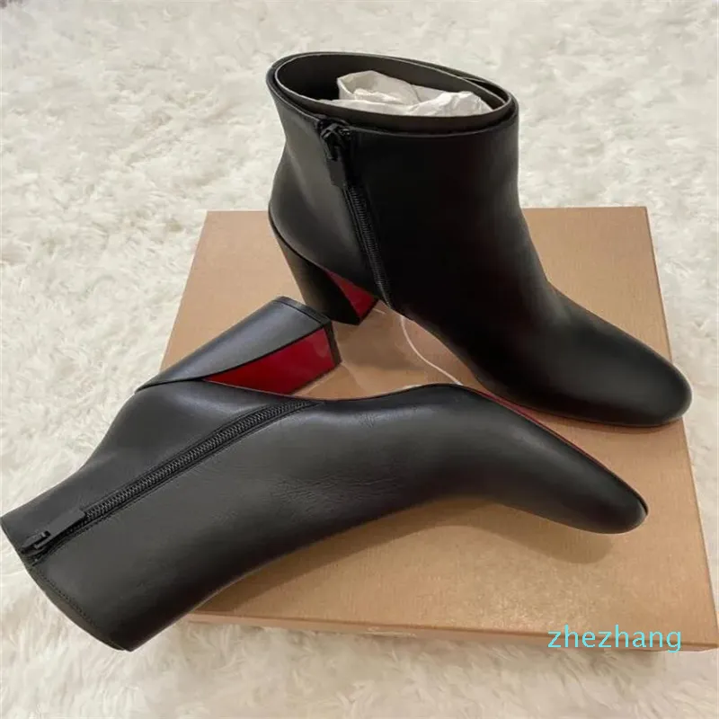 2023-Luxury Designer Woman Reds Sole Ankle Boot Black Calf Leather Chunky Heels Turela 85mm/55mm