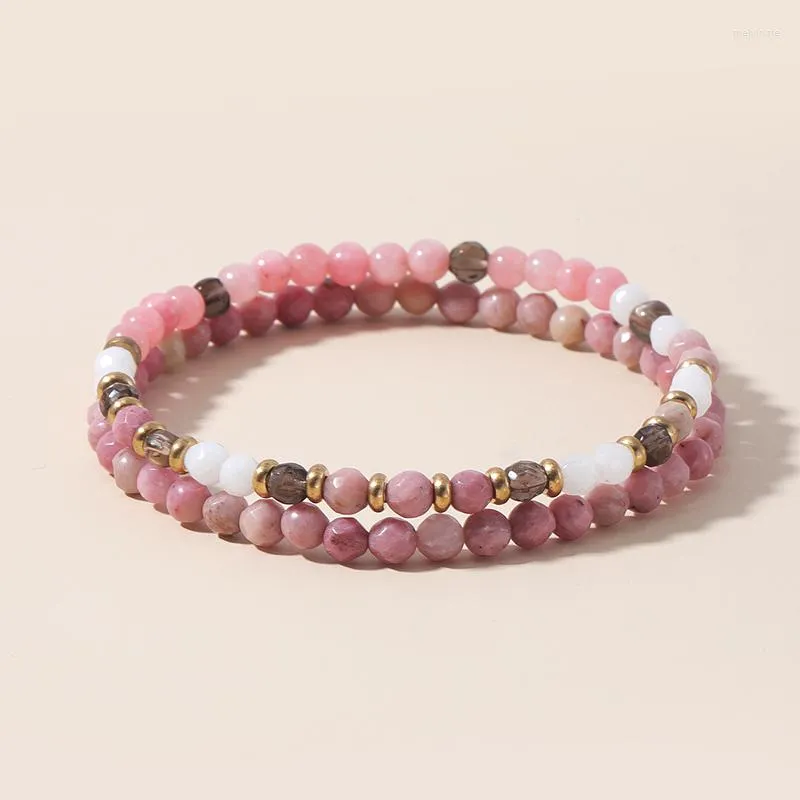 Strand oaiite 2 st/set naturlig fasetterad rhodonit vit jade stenarmband rosa pärlor charm stretch bangle yoga smycken för kvinnor