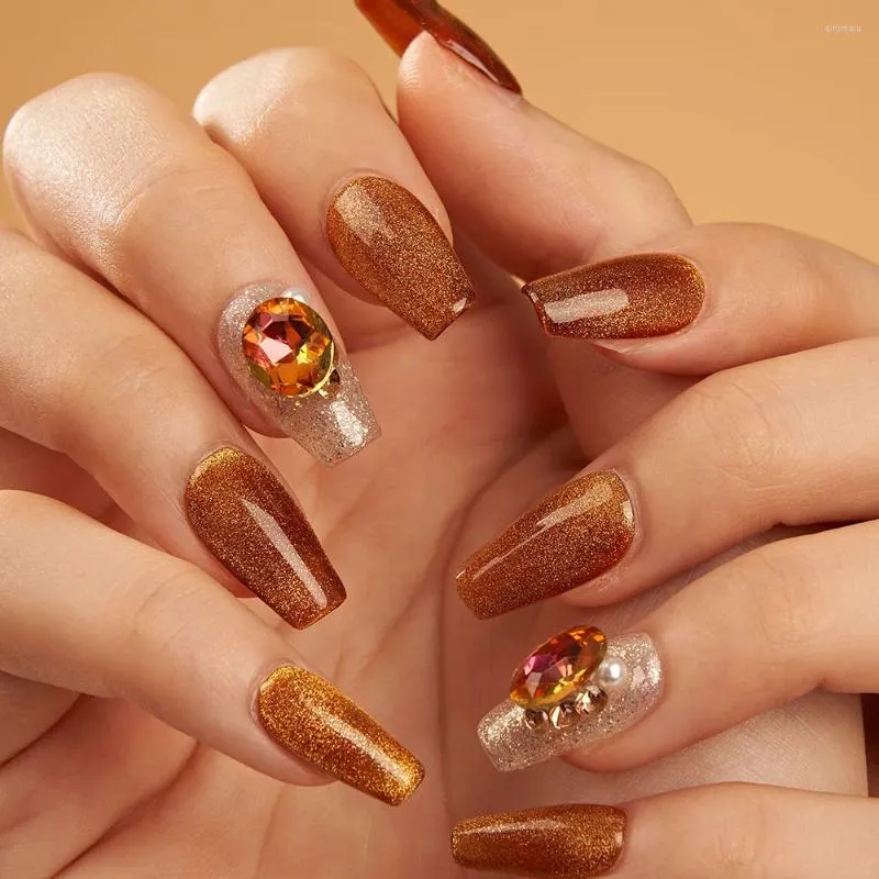 Unhas Falsas Prensa Artesanal Na Prego Curto Redondo Oval Flor De Ouro Ponta Falsa Design Arte Encantos Bonito Com Caixa 10 Pçs