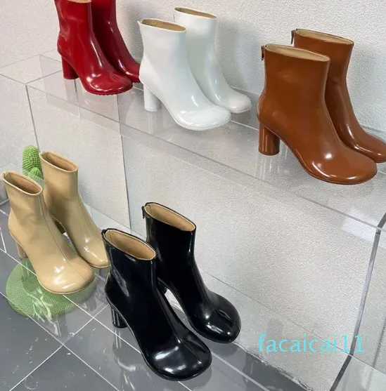 Bottines en cuir verni à talons épais, bout rond, fermeture éclair à l'arrière, bottines à dents antidérapantes, semelle de luxe pour femmes, chaussures de soirée, taille