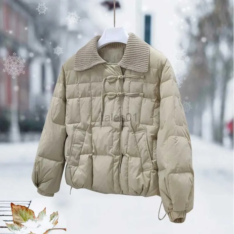 Women's Down Parkas New Women Short White Duck Down Jacket Knitted Lapel Female Chinese Style Disc Buckle Loose Solid Coat Big Size Covered Button zln231109