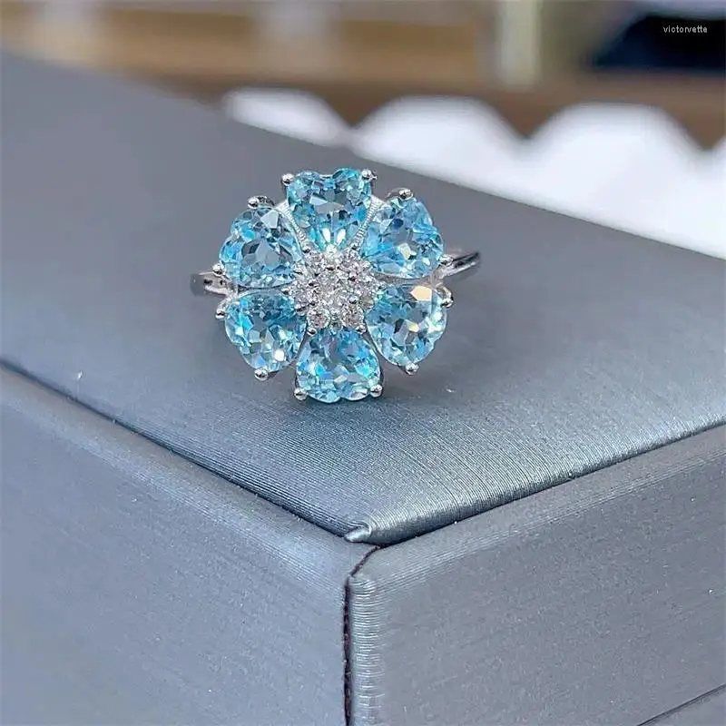 Küme halkaları 2023 Test Satış S925 Gümüş Beyaz Altın Doğal Gökyüzü Mavisi Topaz 5mm Ring Lady Hediye