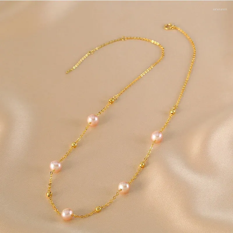 Choker Minar Trendy Pink Color Baroque Freshwater Pearl Charm Necklaces For Women Female 14K Real Gold Plated Copper Necklace