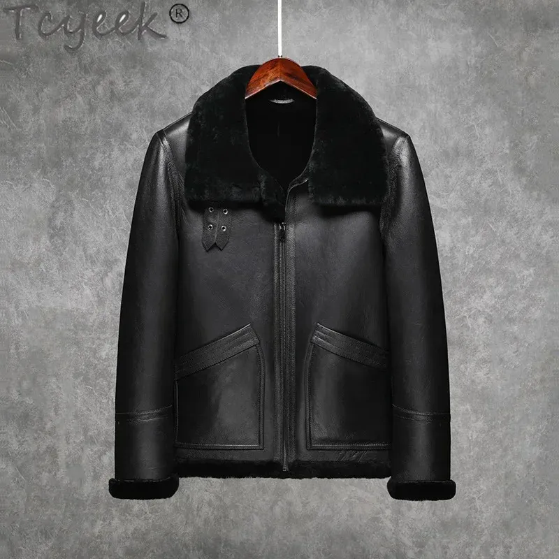 Pele masculina falso tcyeek ovelha shearling jaqueta masculina original pele de carneiro integrado casaco gola de guaxinim couro grosso inverno 231108