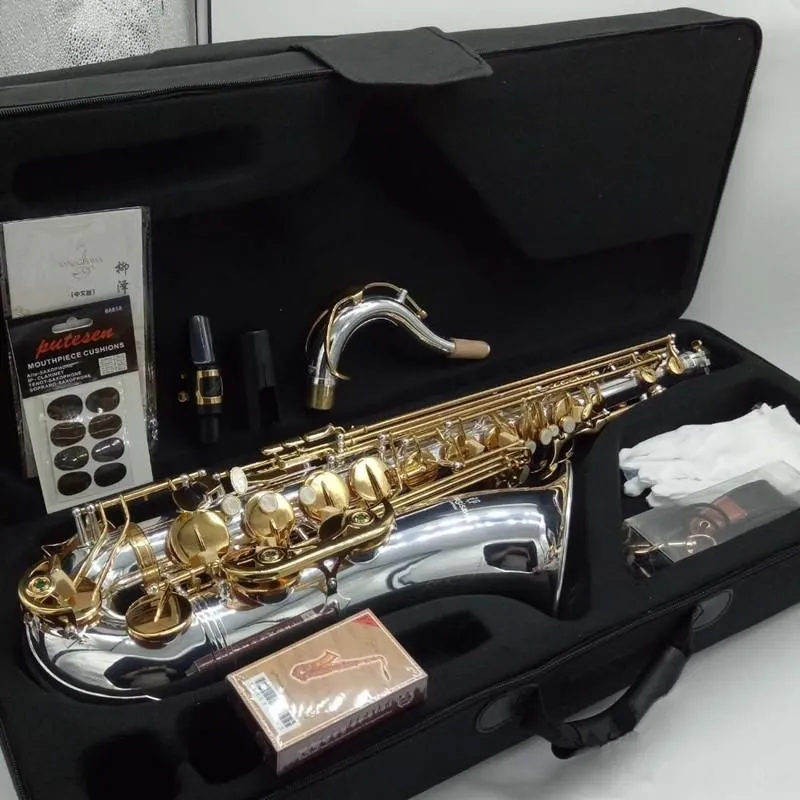 Ny B-platt tenorsaxofon T-9930 Musikinstrument BB Tone Nickel Silver Plated Tube Gold Key Sax med fodral