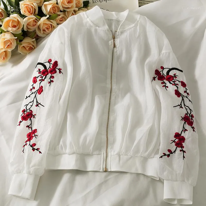 Jackets femininos 2023 Design Bordado floral Veja através da proteção Sun Protect