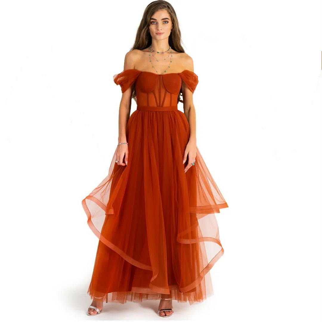 Vintage largo naranja musulmán fuera del hombro vestidos de noche con faja una línea de tul vestido de fiesta Dubai hasta el tobillo vestidos de fiesta para mujeres