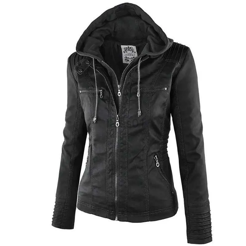 Women's Down Parkas 2022 Fashion Winter Faux Leather Jacket Women's Basic Jackets Hooded Black Slim Motorcycle Jacket Women Coats Female jaqueta zln231109