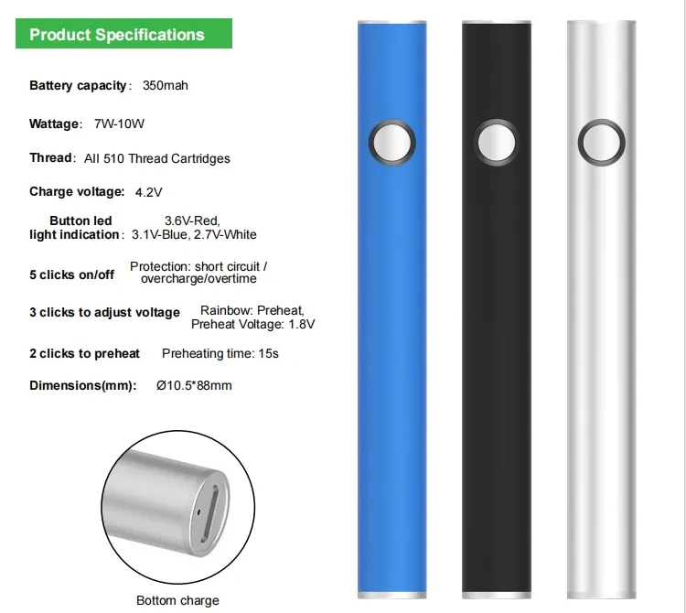 Original C5C -knappbatteri 380mAh Variabel spänning Förvärm AVB Vaping Battery med 4 nivåer inställning för 510 VAPE PEN -patroner i Display Box