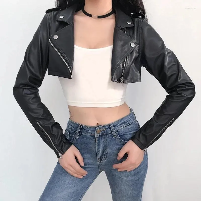 Frauen Leder Herbst Straße Motorrad Pu Crop Jacke Frauen Zipper Schwarz Faux Mäntel Herbst Streetwear Langarm Weibliche Outwear