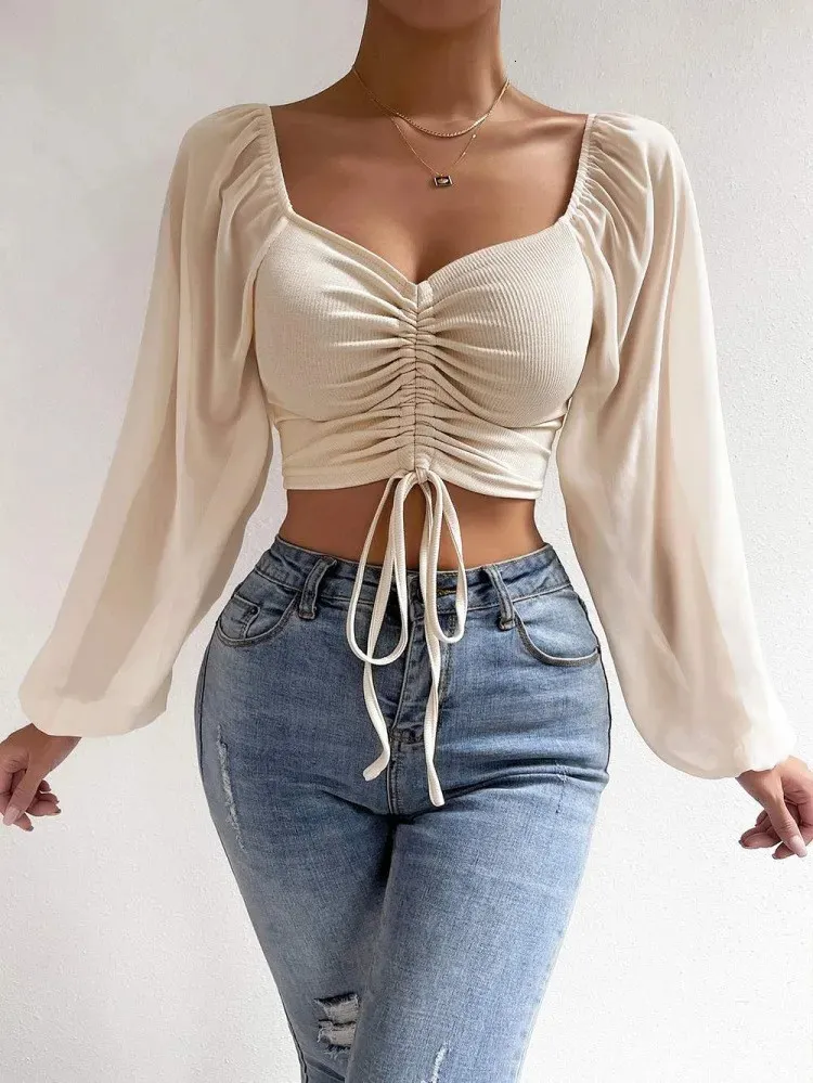 قمصان بلوزات النساء 2023 TOPS TOPS PUFF SEXY SENCEL FITTING SUMBLE و Spring Lace Up V Fashion Solid Solid Simple Long 231109