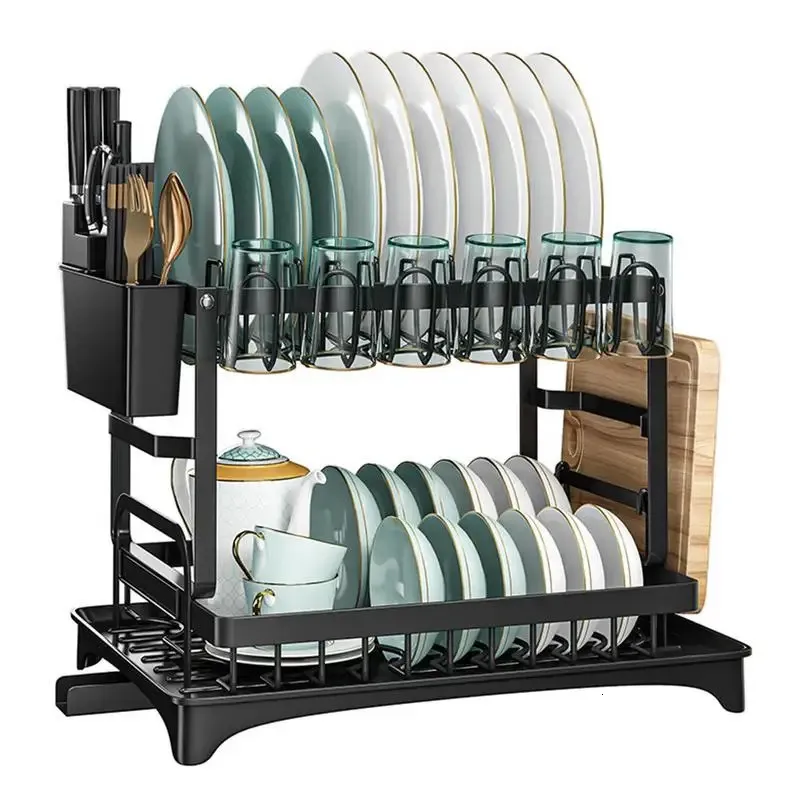 Prateleiras de prato organizador de prato rack de secagem de prato de 2 camadas com escorredor e suporte de utensílio prateleira de economia de espaço para balcão de cozinha 231109
