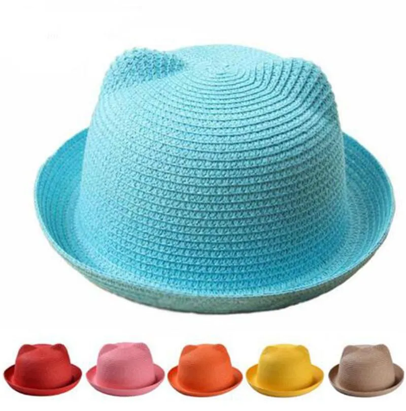 Straw Hats Kids Character Ear Decoration Summer Cap Baby Sun Hat For Girl Boys Bucket Cap For Children Hat Beach Panama Caps TO599