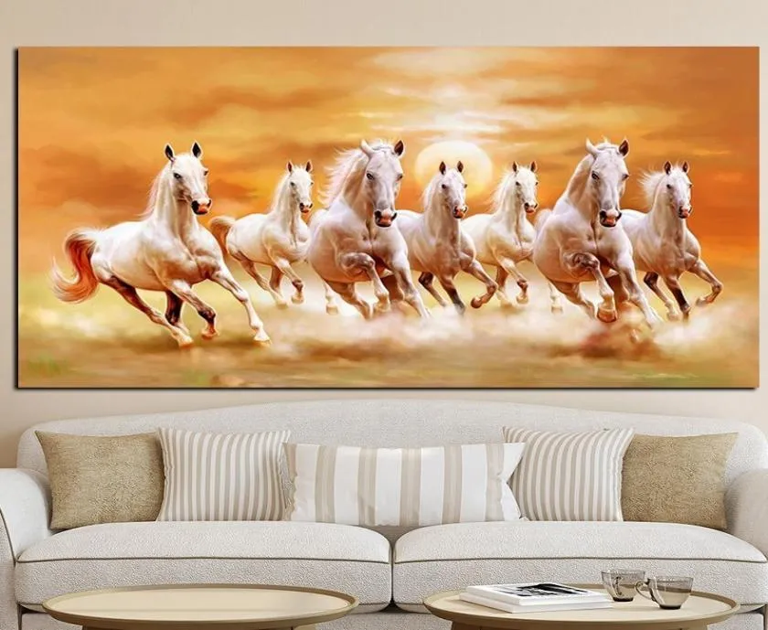 Modern Seven Running White Gold Horse Canvas målar nordiska konstnärliga djur affischer och tryck väggkonstbild för vardagsrum H9213805