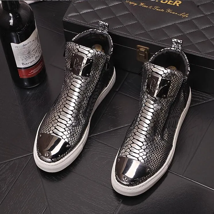 Sequins High-top Shoes Men`s Shoes Nightclub Fashion Men`s Board Shoes zipper Silver Cowhide Short Boots 10A49