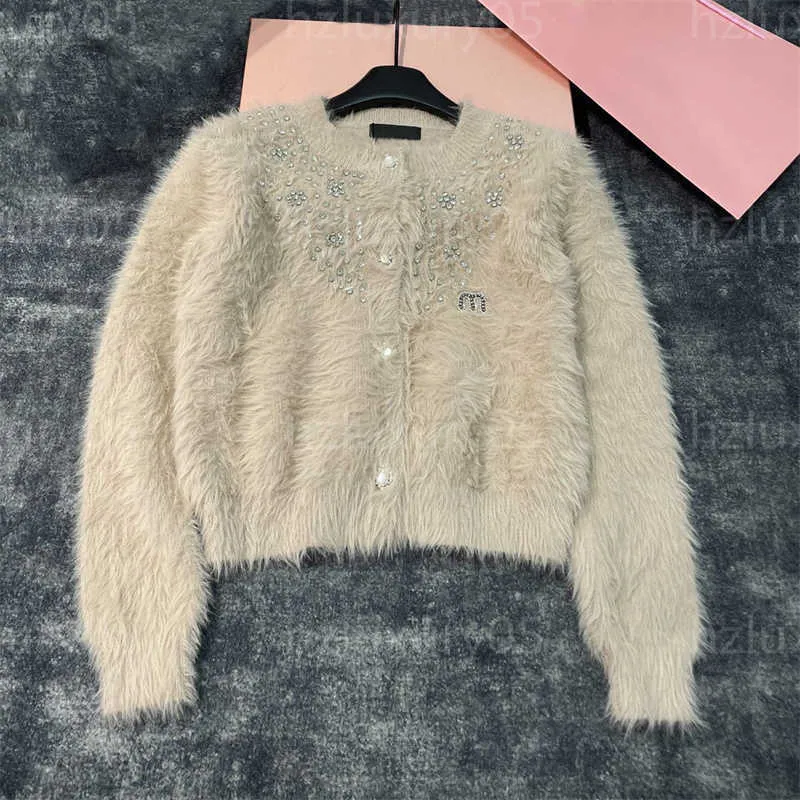 Otoño Diseñador Cardigan Abrigo Mujer Suéter Manga larga Cuello redondo Abrigos de felpa Decoración de diamantes de imitación Imitación Lana de visón Suéteres de punto Ropa para mujer 4 colores