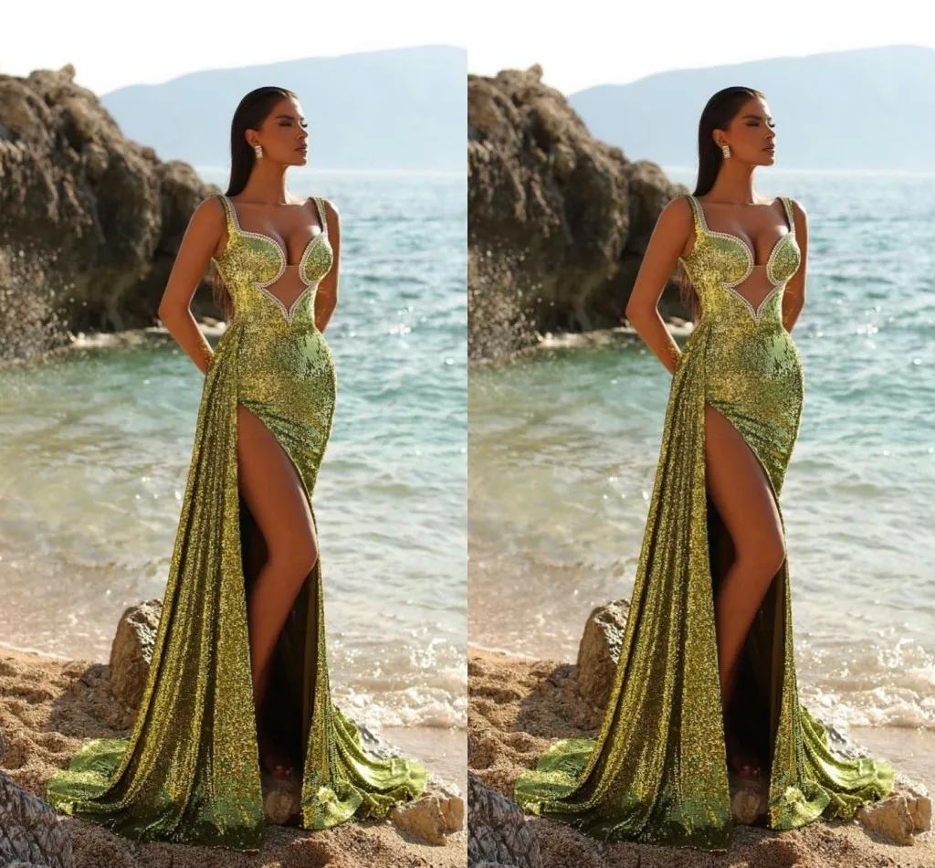 Sexy verde plus size sereia vestidos de baile longo para mulheres cintas de espaguete trem de varredura alta divisão lateral ocasiões formais pageant vestido de festa à noite vestidos de aniversário