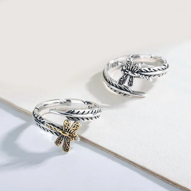 Pierścienie klastra 925 Sterling Srebrny Złoty Kolor Dragonfly Pierścień dla kobiet mężczyzn Bohemian Regulowal Thai Para Wedding Empagement