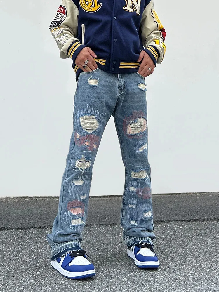 Calças de brim masculinas hip hop remendo jeans rasgados para homens tendência de rua alta bordado larga reta solta calças largas para homem 231109