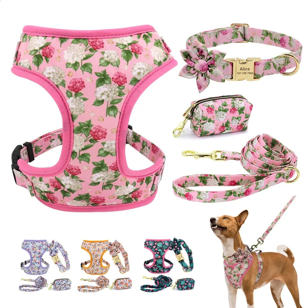 Halsbanden Hondenriemen 4 stks/partij Nylon Gedrukt Franse Bulldog Chihuahua Halsband Harnas Leash Set Aangepaste Halsband Kleine Mesh Puppy Kat Harnas Vest 231110