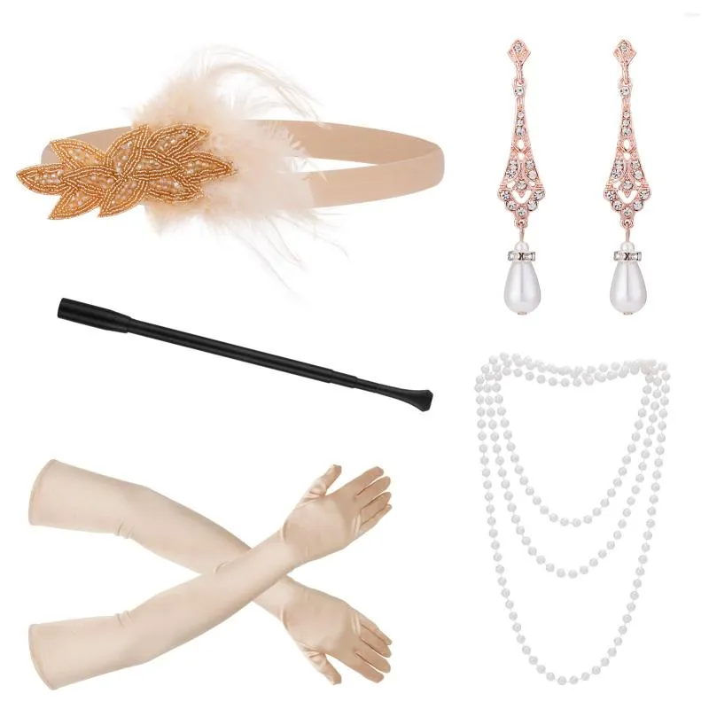 Halsband halsband örhängen set kvinnor vintage gatsby fjäder pannband klaff 1920s kostymtillbehör cigaretthållare pärla örhänge handske