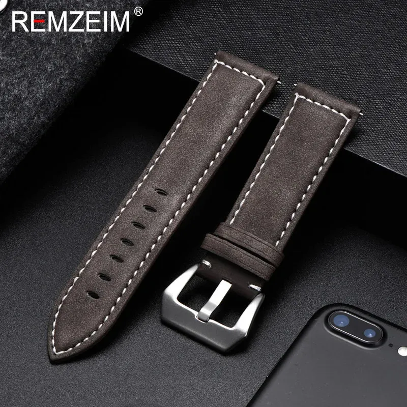 Assista Bandas REMZEIM Vintage Brown Leather Strap 18mm 20mm 22mm 24mm para Homens Mulheres Substituição Watchband Relógios Pulseira Sólida Fivela 231110