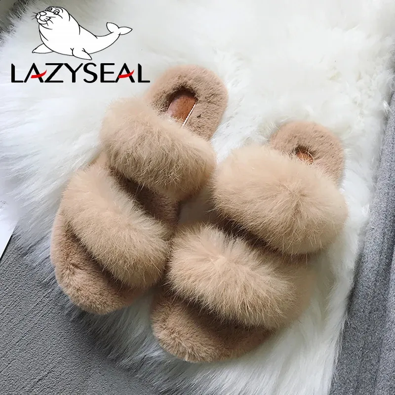 Chinelos LazySeal Fur Mulheres Chinelos Sapatos Chinelos de Pele de Coelho Real Slides Feminino Peludo Interior Flip Flops Fofo Sapatos de Pelúcia Casa 231110